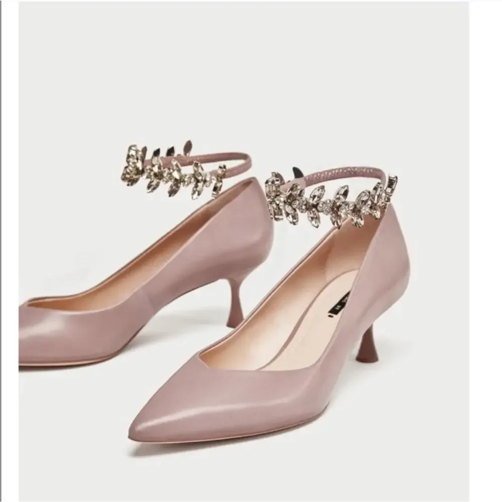 Zara Embellished Strap Pink Mid-Heel Pump
